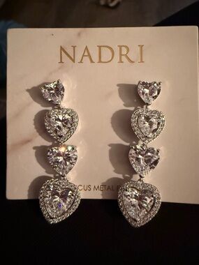 Nadri Silver-Tone Triple Heart Crystal Drop Earrings - Clear